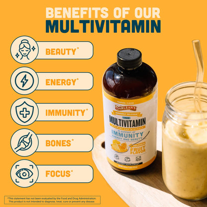 Benefits of Barlean's Multivitamin include: Beauty, Energy, Immunity, Bone Health, and Focus