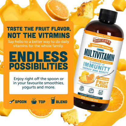 Enjoy Barlean's Tropical Liquid Multivitamin right off the spoon, in yogurt, smoothies, ice cream, oatmeal, and more!