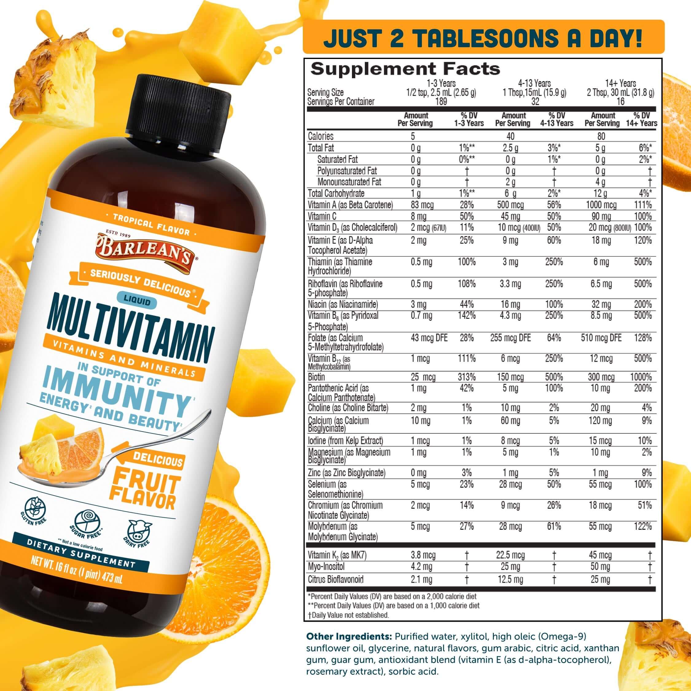 Barlean's Tropical Liquid Multivitamin supplement facts