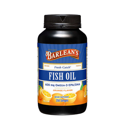 Barlean’s Fresh Catch Orange Flavor Fish Oil bottle on white background