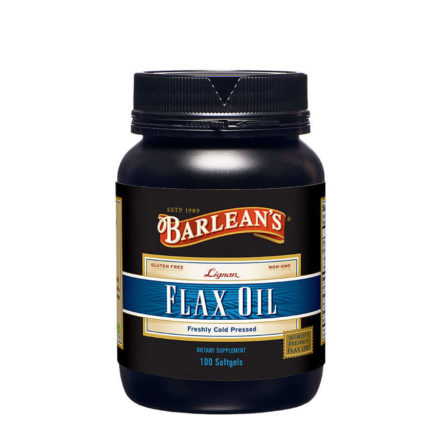 Plant-based omega-3 capsules with lignans bottle with white background