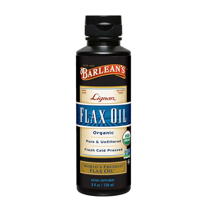 Barlean’s Lignan Omega Twin flax and borage oil bottle on white background