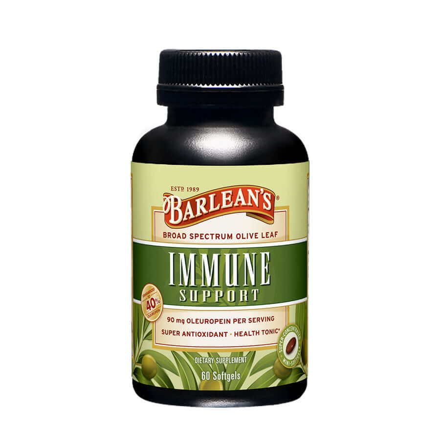 Barlean’s Immune Support Softgels bottle with elderberry and echinacea images