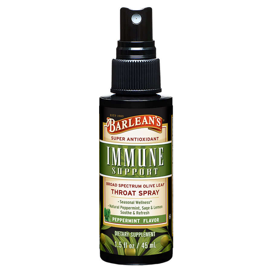 
                                
                                    Barlean’s Immune Support Throat Spray Peppermint with herbs and mint leaves
                                
                            