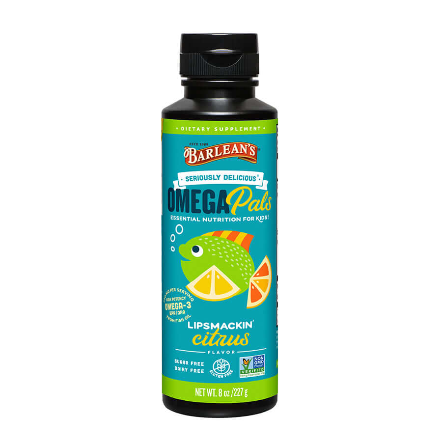 Barlean’s Lipsmackin’ Citrus Omega-3 Fish Oil bottle with citrus splash