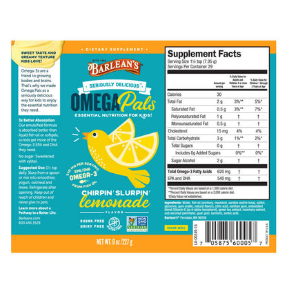 Creamy lemonade-flavored fish oil supplement with no burps or aftertaste full label
