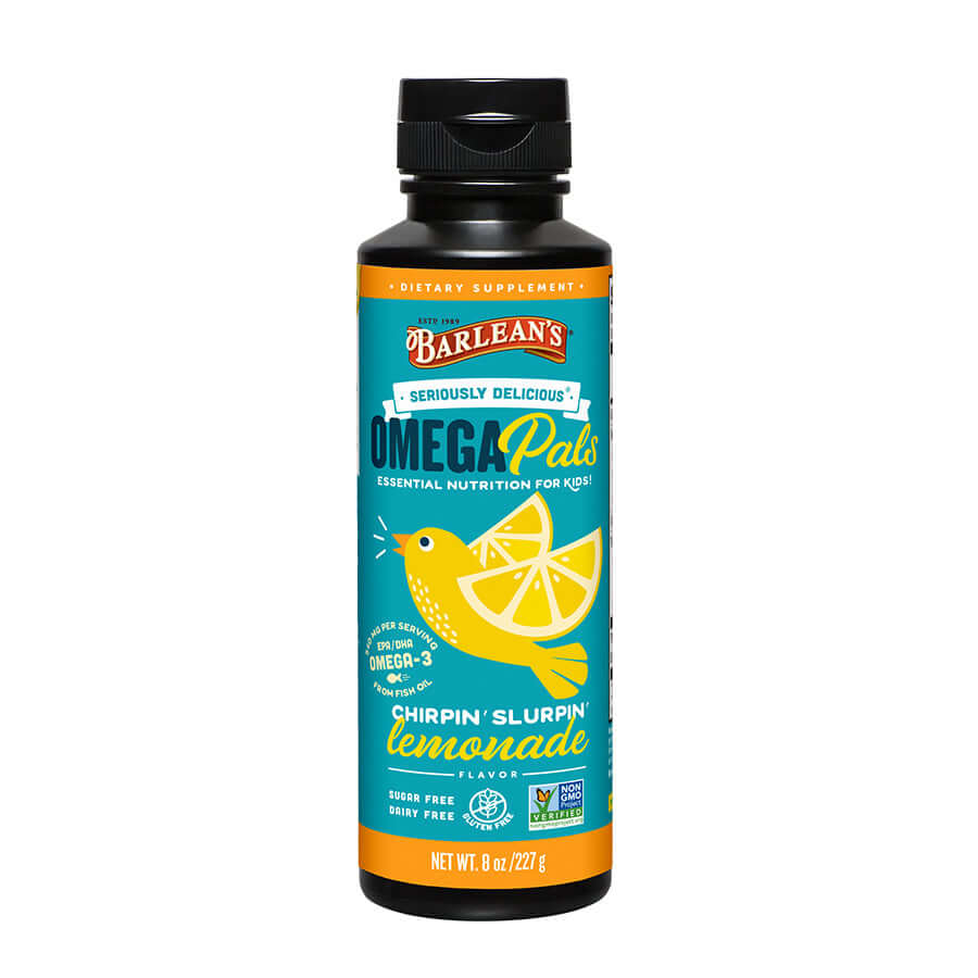 Barlean’s Chirpin’ Slurpin’ Lemonade Omega-3 Fish Oil bottle with lemon slices