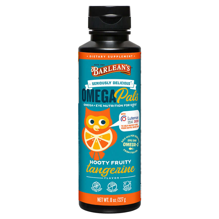 Barlean’s Hooty Fruity Tangerine Fish Oil + Eye Nutrition bottle with citrus slices