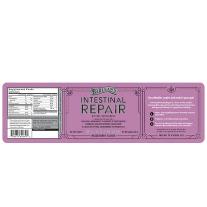 Berry-flavored gut health supplement in powder form full label