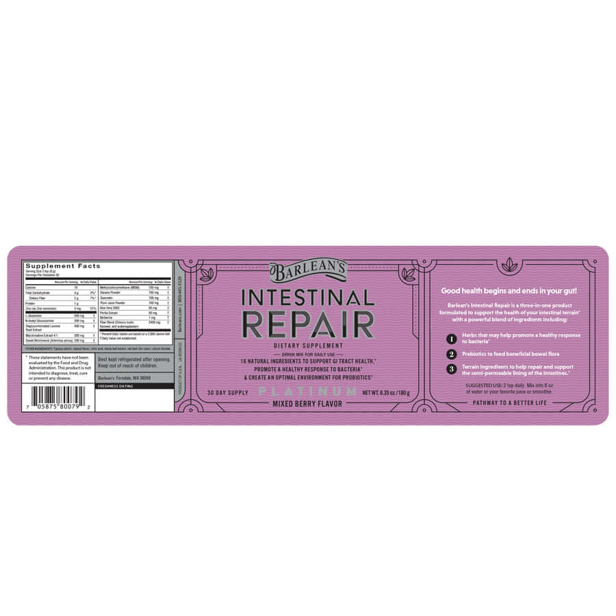 
                                
                                    Berry-flavored gut health supplement in powder form full label
                                
                            