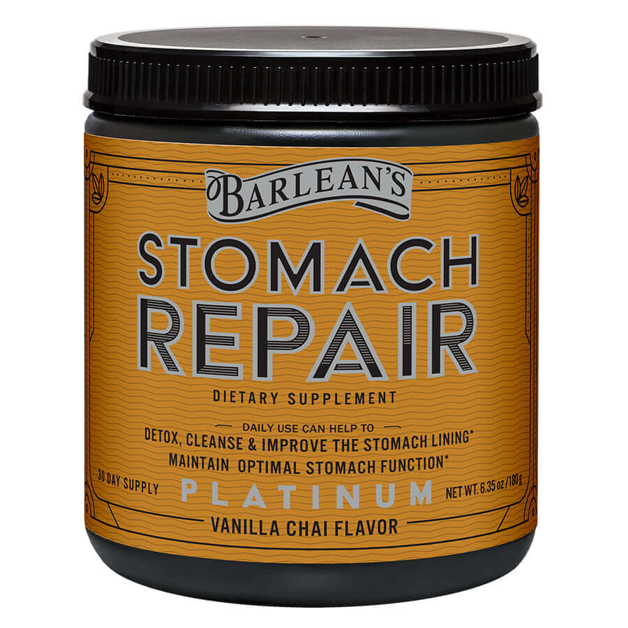 Barlean’s Stomach Repair Vanilla Chai powder container