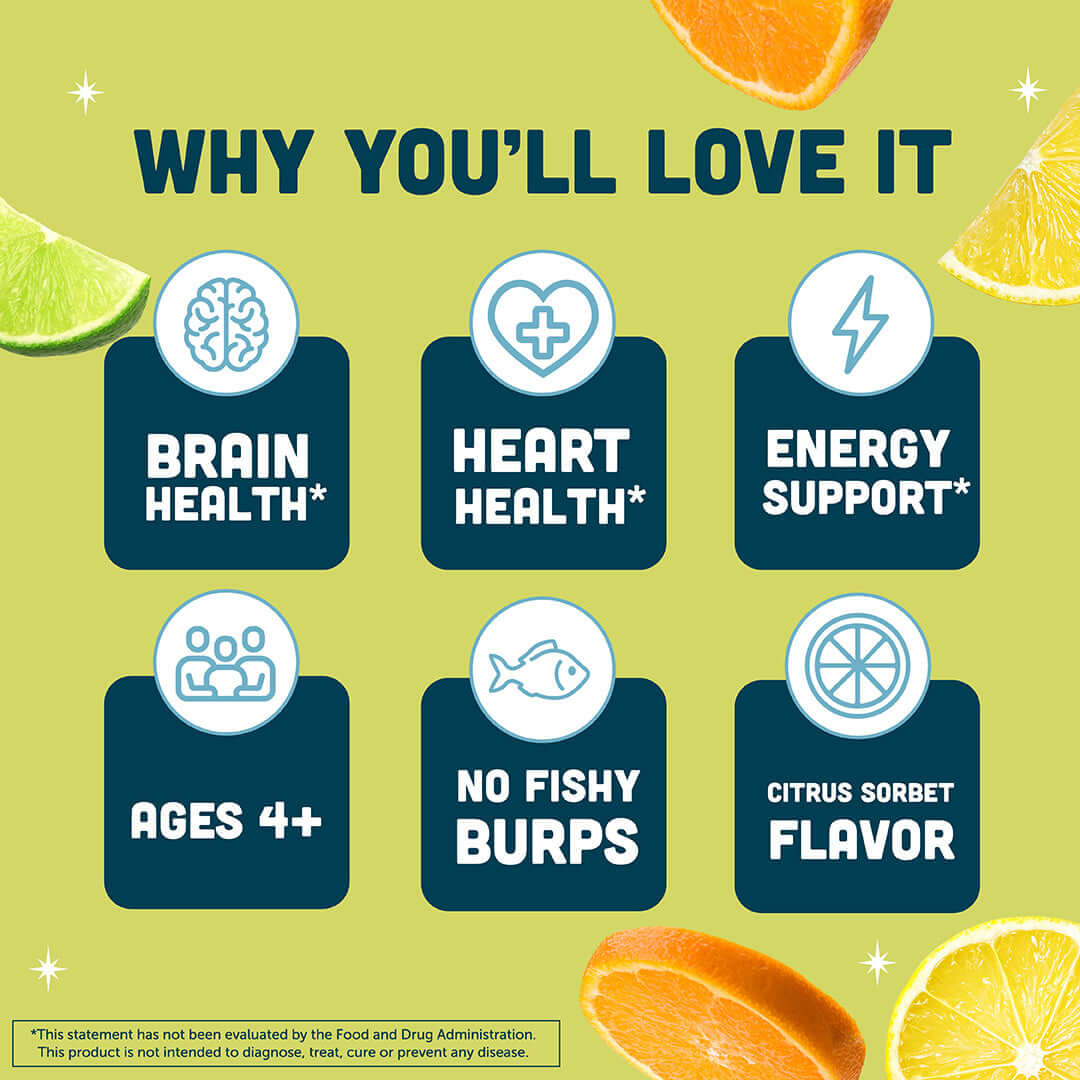 reasons why you'll love Barlean's Citrus Sorbet Fish Oil: brain health, heart health, energy support, ages 4+, no fishy burps