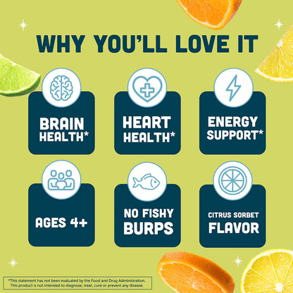 reasons why you'll love Barlean's Citrus Sorbet Fish Oil: brain health, heart health, energy support, ages 4+, no fishy burps