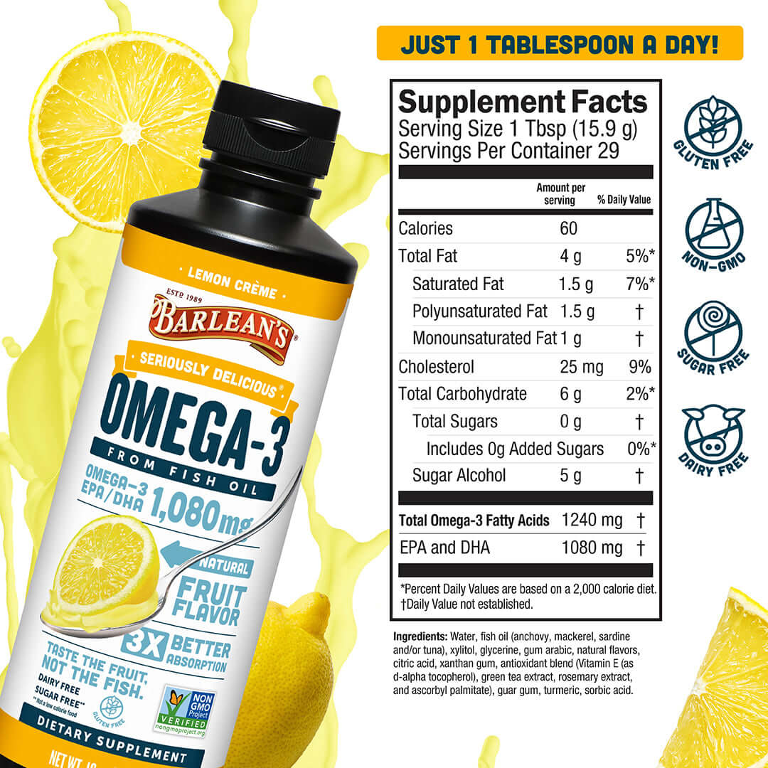 Lemon Crème Fish Oil bottle with supplement facts highlighting omega-3s for brain health and heart health.