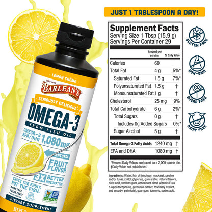 Lemon Crème Fish Oil bottle with supplement facts highlighting omega-3s for brain health and heart health.