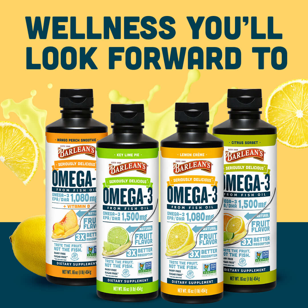 Lemon Crème Fish Oil and other Omega-3 flavors displayed in bottles, promoting brain health and energy support.