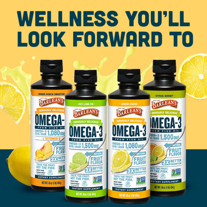 Lemon Crème Fish Oil and other Omega-3 flavors displayed in bottles, promoting brain health and energy support.