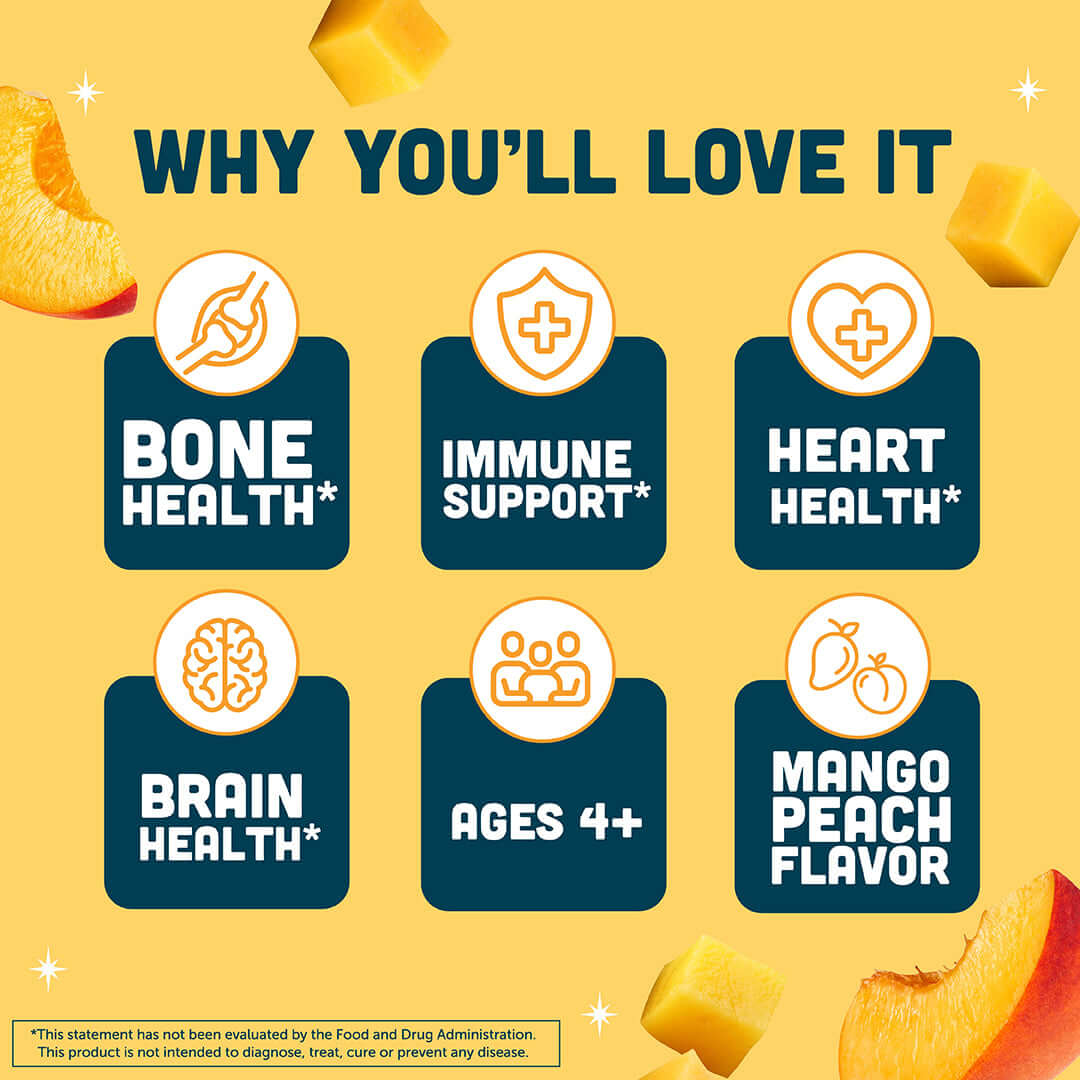 Mango Peach Smoothie Fish Oil + Vitamin D3 benefits including bone health, immune support, heart health, brain health, and mango peach flavor.