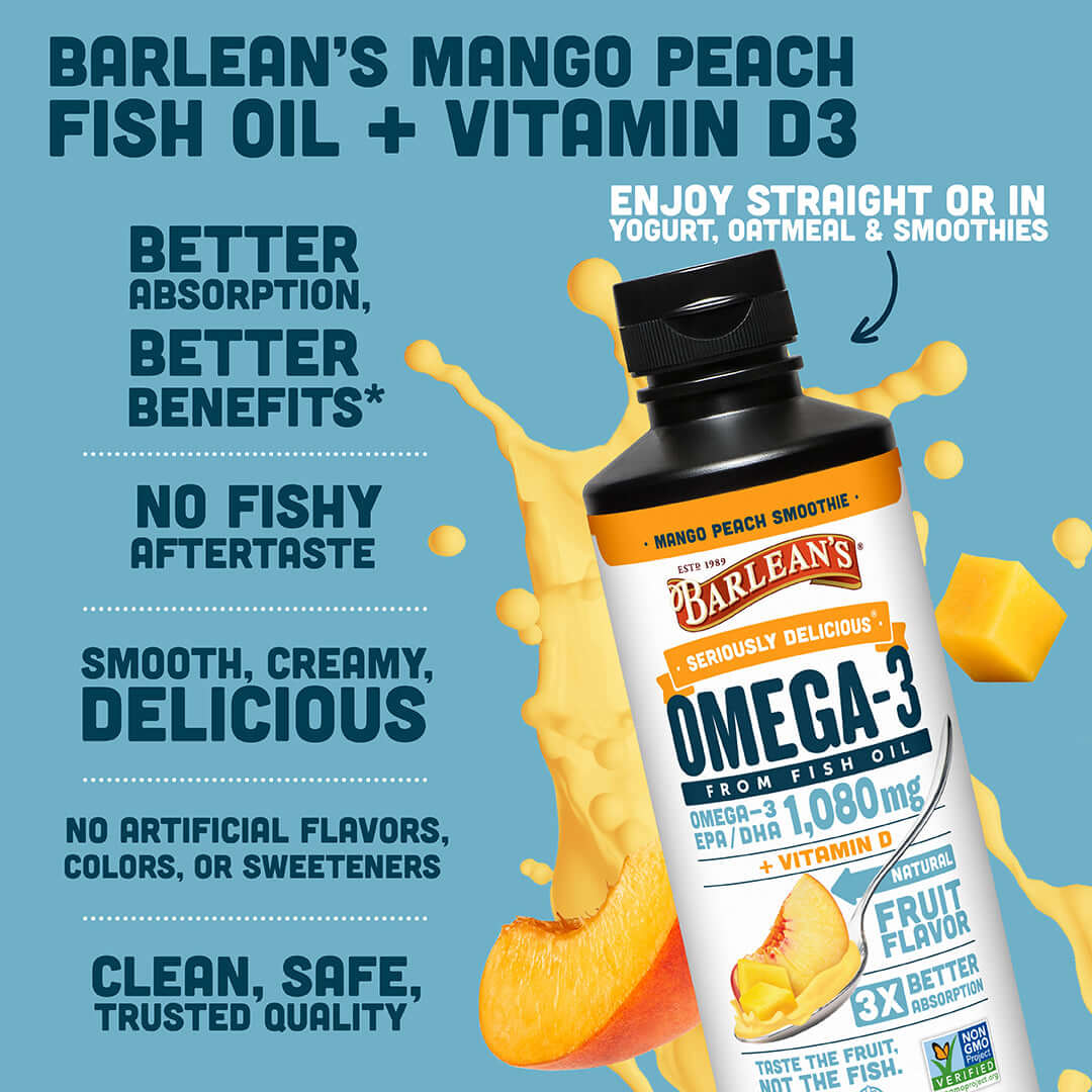 Mango Peach Smoothie Fish Oil + Vitamin D3 bottle showcasing benefits for heart health, brain health, and immune support.