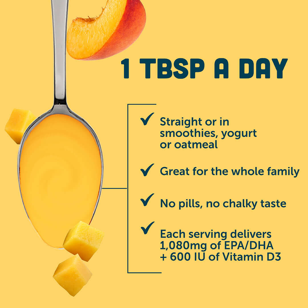 Mango Peach Smoothie Fish Oil + Vitamin D3 liquid omega-3s for heart health and immune support, 1 tablespoon a day.
