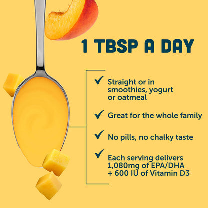Mango Peach Smoothie Fish Oil + Vitamin D3 liquid omega-3s for heart health and immune support, 1 tablespoon a day.