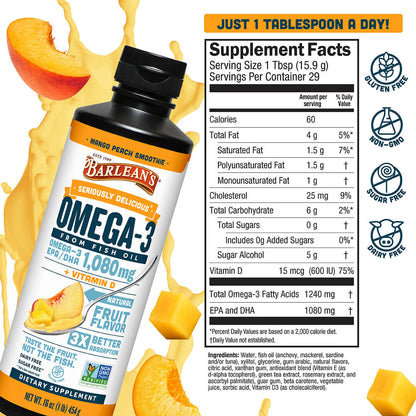 Mango Peach Smoothie Fish Oil + Vitamin D3 supplement facts featuring omega-3s for heart, brain, and bone health.