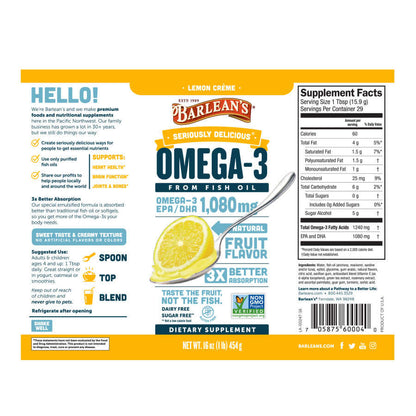 Omega-3 liquid Supplement with Smooth Lemon Taste full label