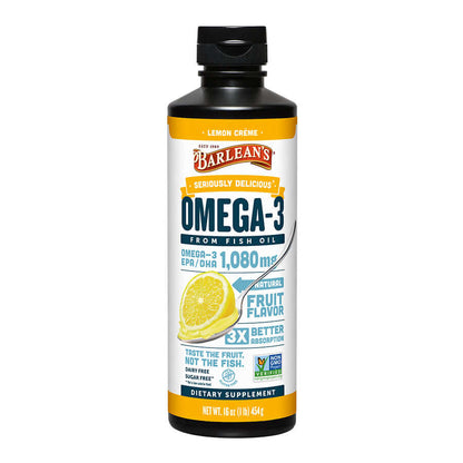 Barlean’s Lemon Crème Fish Oil bottle on white background