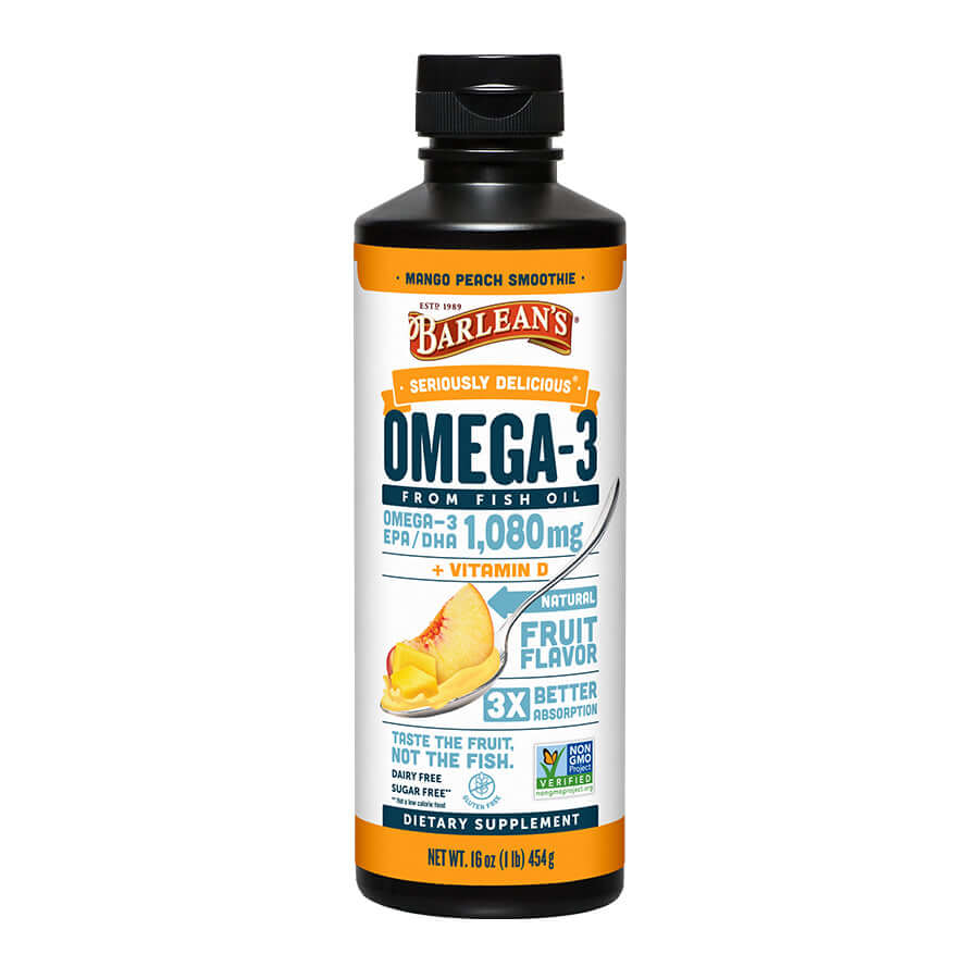 Barlean’s Mango Peach Omega-3 + D3 bottle on white background