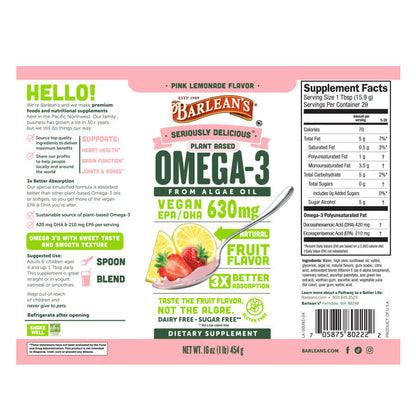 DHA omega-3 liquid supplement with Pink Lemonade flavor full label