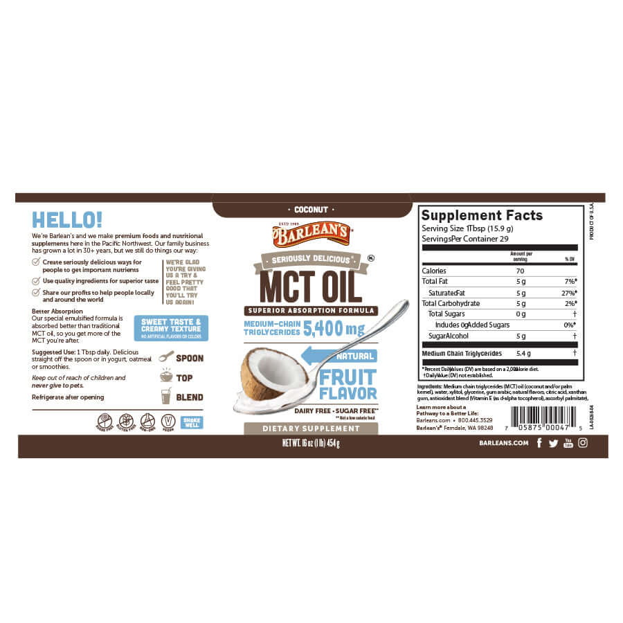 
                                
                                    Barlean’s Organic Coconut MCT Oil bottle full label
                                
                            