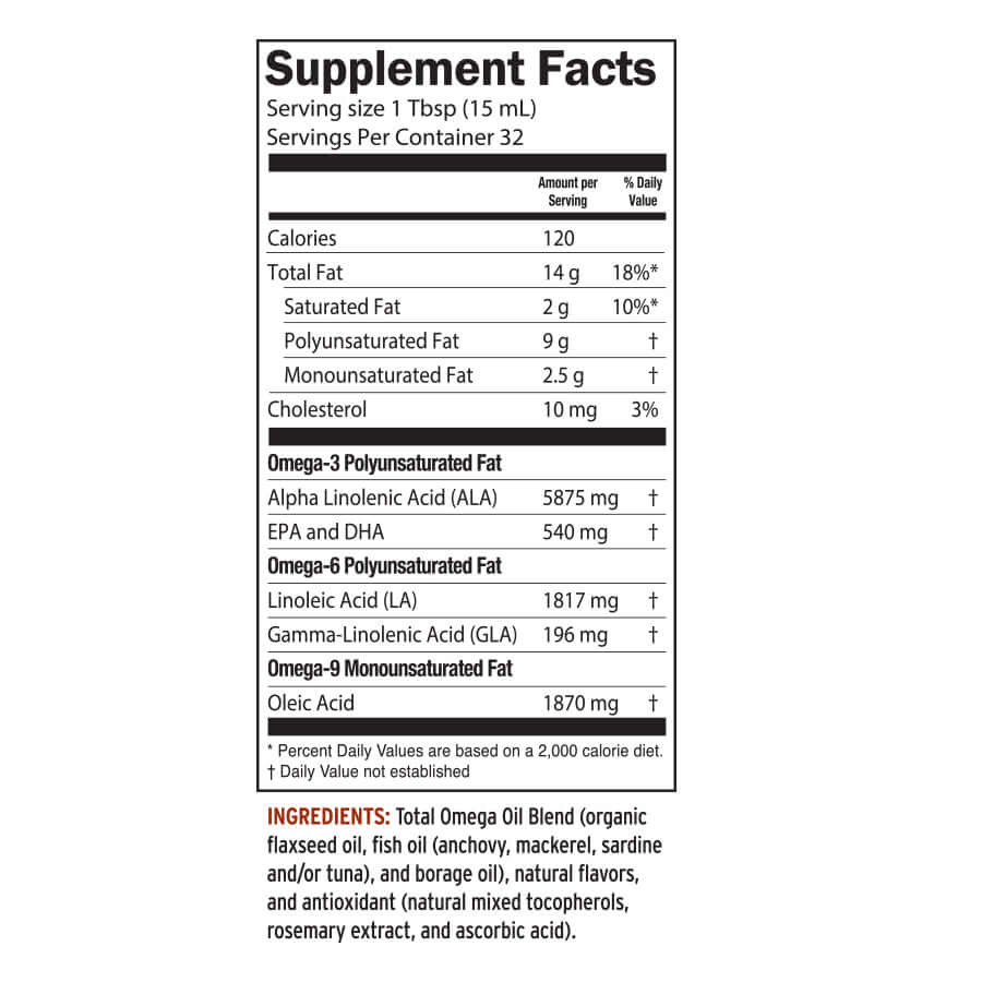
                                
                                    Omega 3-6-9 liquid with fish, flaxseed, and borage oils supplement facts
                                
                            