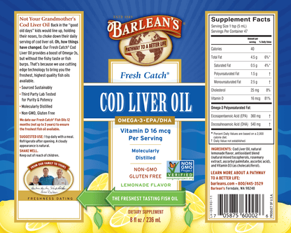 Omega-3 cod liver oil in a lemon-flavored full label