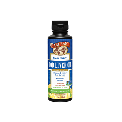 Barlean’s Fresh Catch Cod Liver Oil bottle – Lemonade Flavor