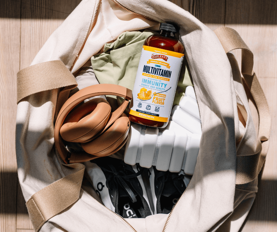 Picture of Barlean's Tropical Liquid Multivitamin in a gym bag