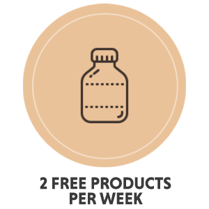 An icon of a bottle with text: 2 free products per week