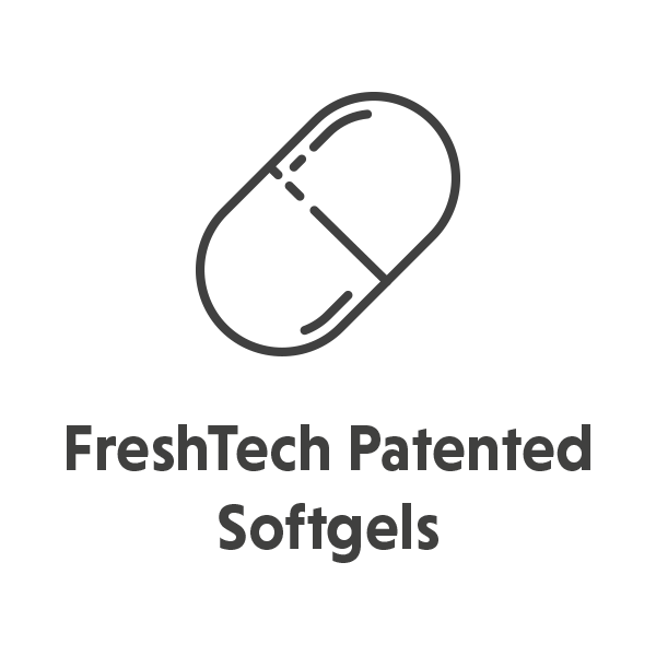 An icon of a pill with the text: FreshTech Patented Softgels