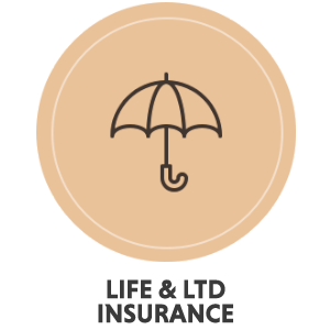 An icon of an umbrella with text: Life & LTD Insurance