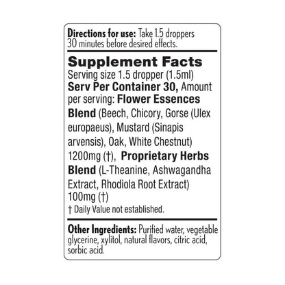Supplement facts for De-Stress Mood Drops – herbal and flower essence blend