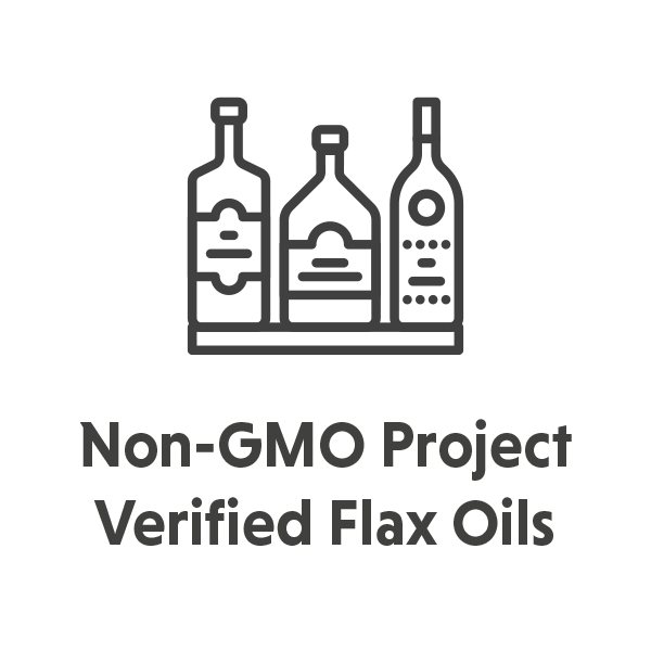An icon of 3 bottles with the text: Non-GMO Project Verified Flax Oils