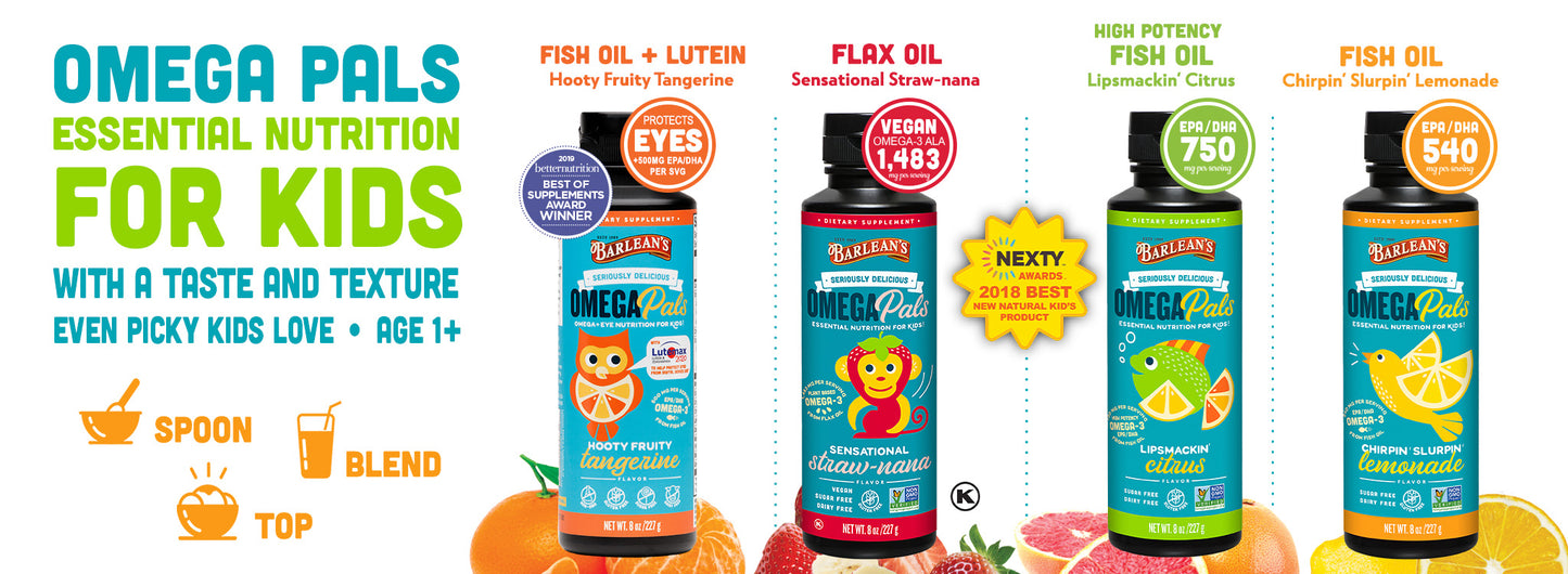 Omega Pals Essential Nutrition For Kids with a taste and texture even picky kids love. Ages 1+. Spoon, Top, Blend