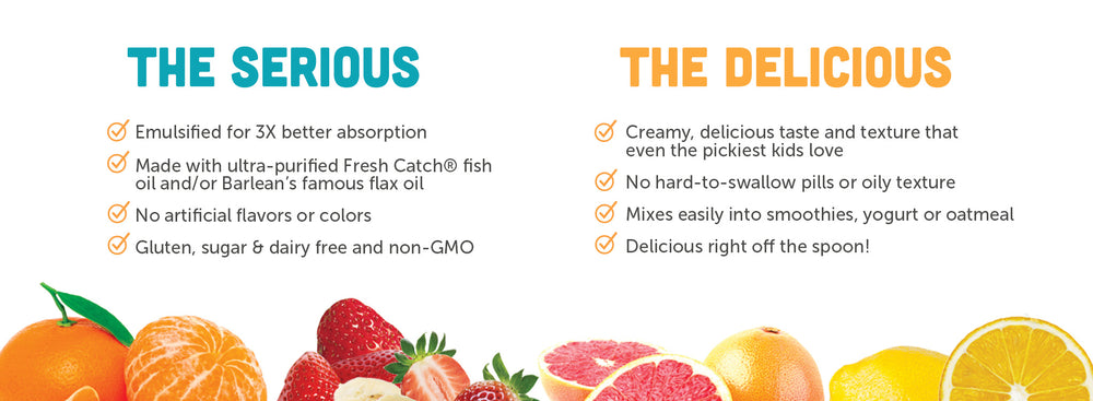 An infographic explaining both the serious and delicious aspects of Barlean's Omega Pals products.