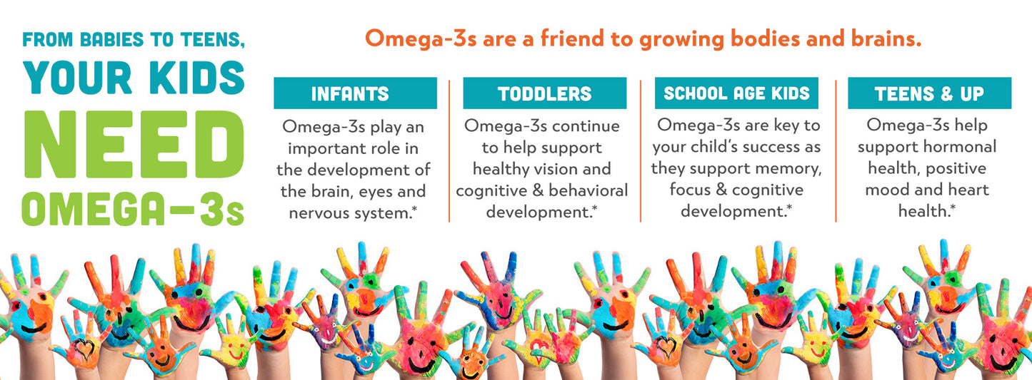 From babies to teens, your kids need Omega-3s! Omega-3s are a friend to growing bodies and brains.