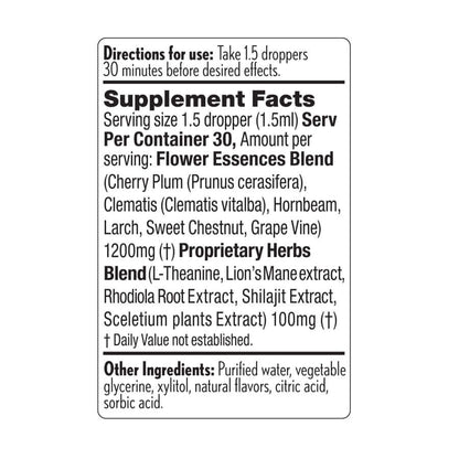 Supplement facts for Perform Mood Drops – herbal and flower essence blend