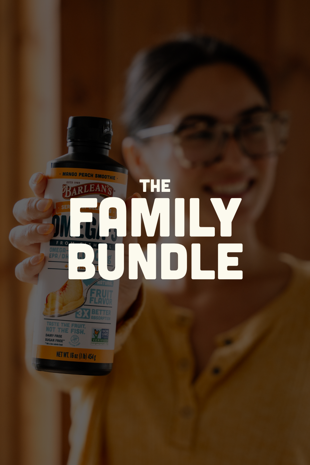 the family bundle featuring barleans tropical liquid Multivitamin, Mango Peach fish oil with vitamin d, and Chocolate Greens that taste like chocolate milk for kids, women, moms, dads, and the whole family