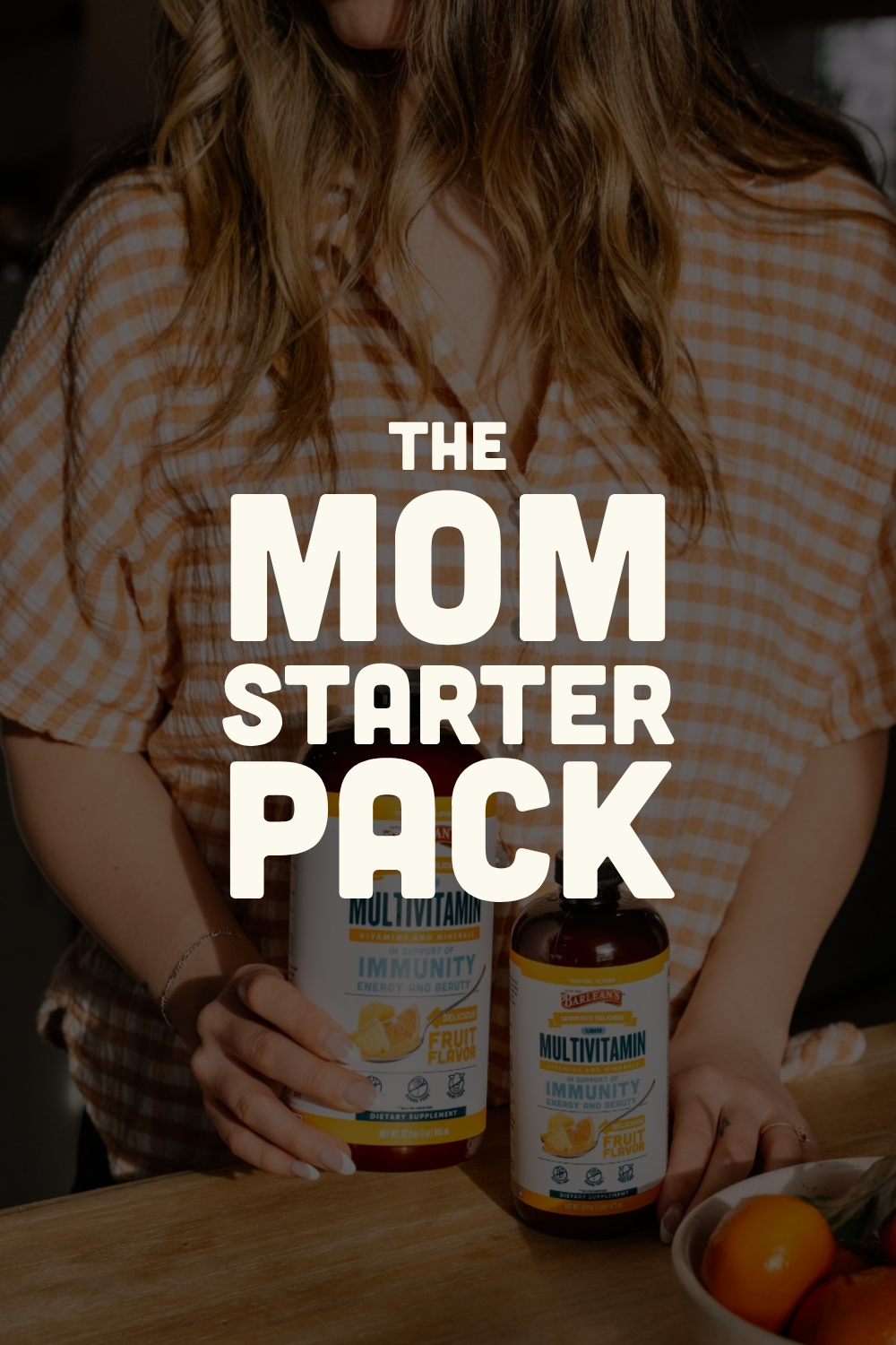 the mom starter pack with barlean's tropical liquid Multivitamin, Mango Peach fish oil with vitamin d, and orange creme flavored liquid magnesium for overall daily wellness
