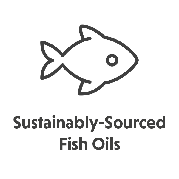 An icon of a fish with the text: Sustainably-Sourced Fish Oils