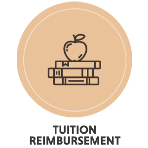 An icon of an apple on a stack of books with text: Tuition Reimbursement