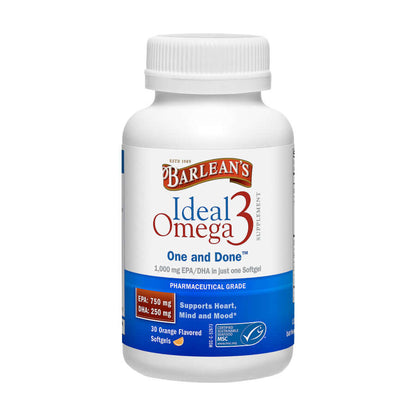Barlean’s Ideal Omega-3 Softgels bottle – Orange Flavor