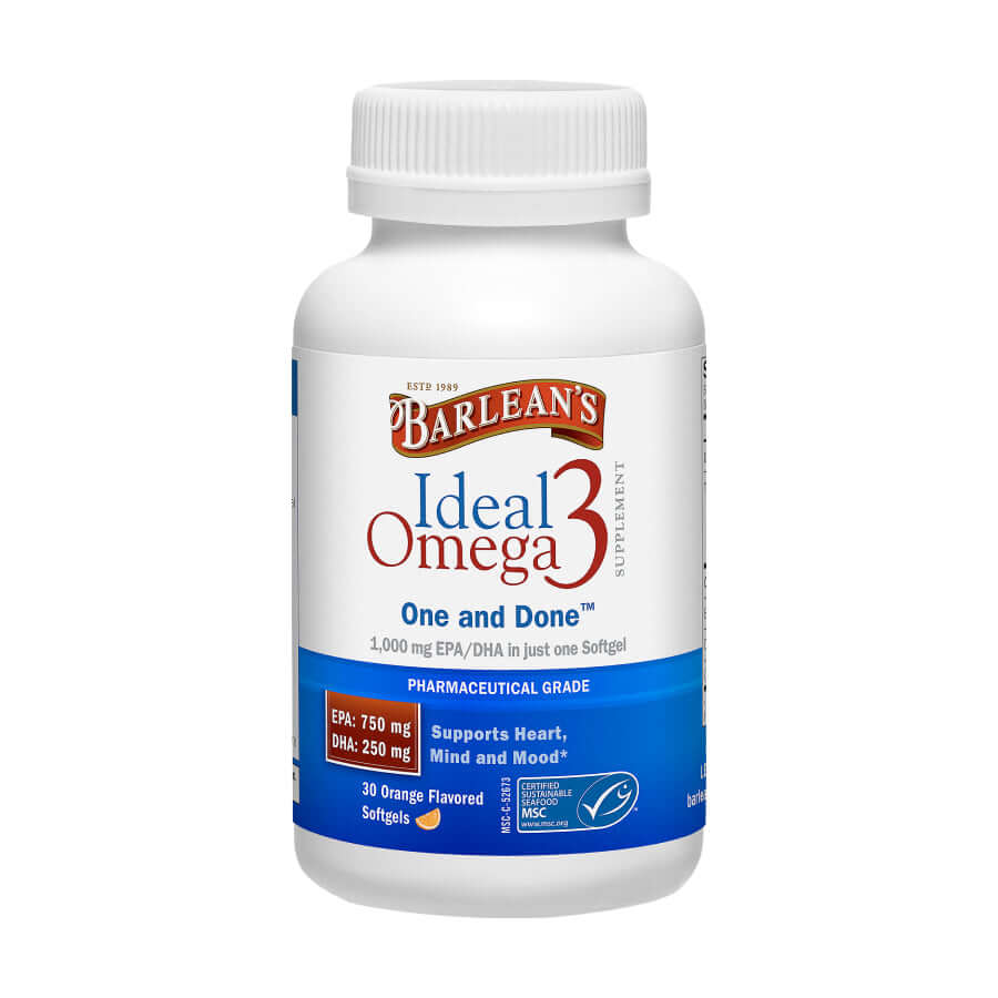 Barlean’s Ideal Omega-3 Softgels bottle – Orange Flavor